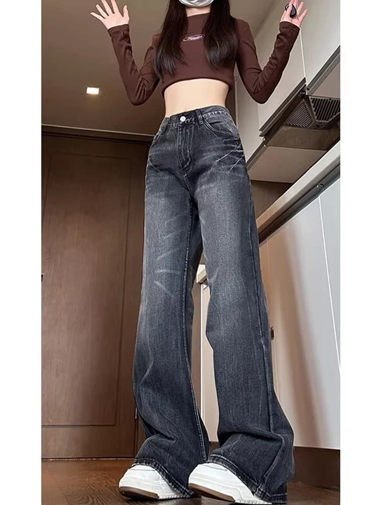Black Retro Lightning Pattern Mymingyf Jeans mid Waist Straight Leg Slim Fit Casual Trousers Autumn American Style Youth Jeans
