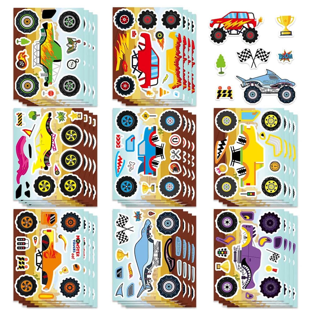 8/16/24 pezzi adesivi puzzle monster truck cartone animato, diario notebook astuccio tazza chitarra frigorifero bagagli adesivi decalcomanie fai da te freddi