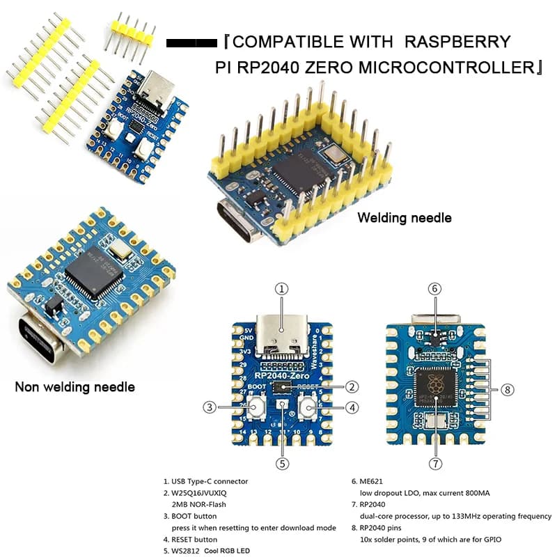 RP2040 Zero non soldering pin or RP2040 Zero welded pin arrangement Compatible with Raspberry Pi RP2040 Zero microcontroller
