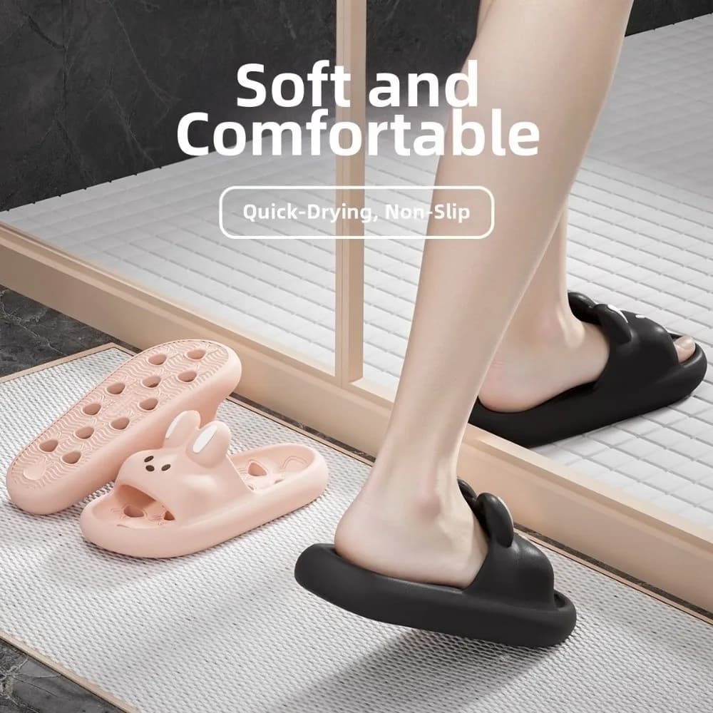 Ciabatte da casa casual in EVA, piatte, con fori, a forma di coniglio, antiscivolo, da doccia, sandali da bagno a cartone animato da donna