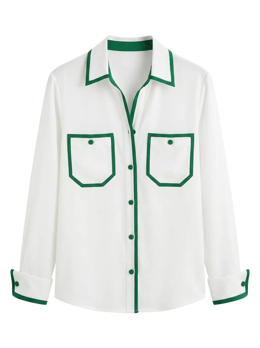 2026 Summer Stylish Women Contrast Green Piping Trim Shirt Lapel Collar Double Pocket Button Front Long Sleeve Casual Blouse