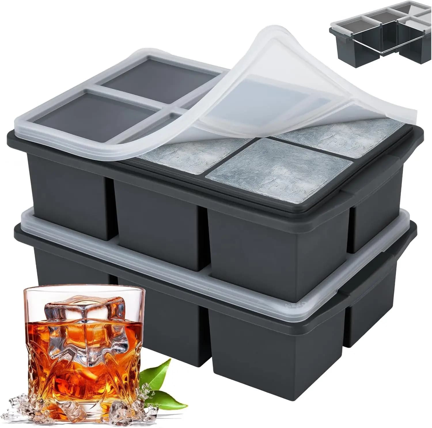 Large Ice Cube Trays for Whiskey, Silicone Ice Cube Tray, with Reinforced Steel Ring Top, Makes 12 perfect 2-in ice cubes, Squar