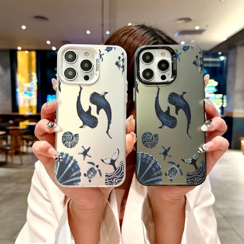 Custodia con motivo balene per iPhone 16 16e 15 14 13 Plus 12 11 8 7 17 Air Pro Max Cover posteriore mare
