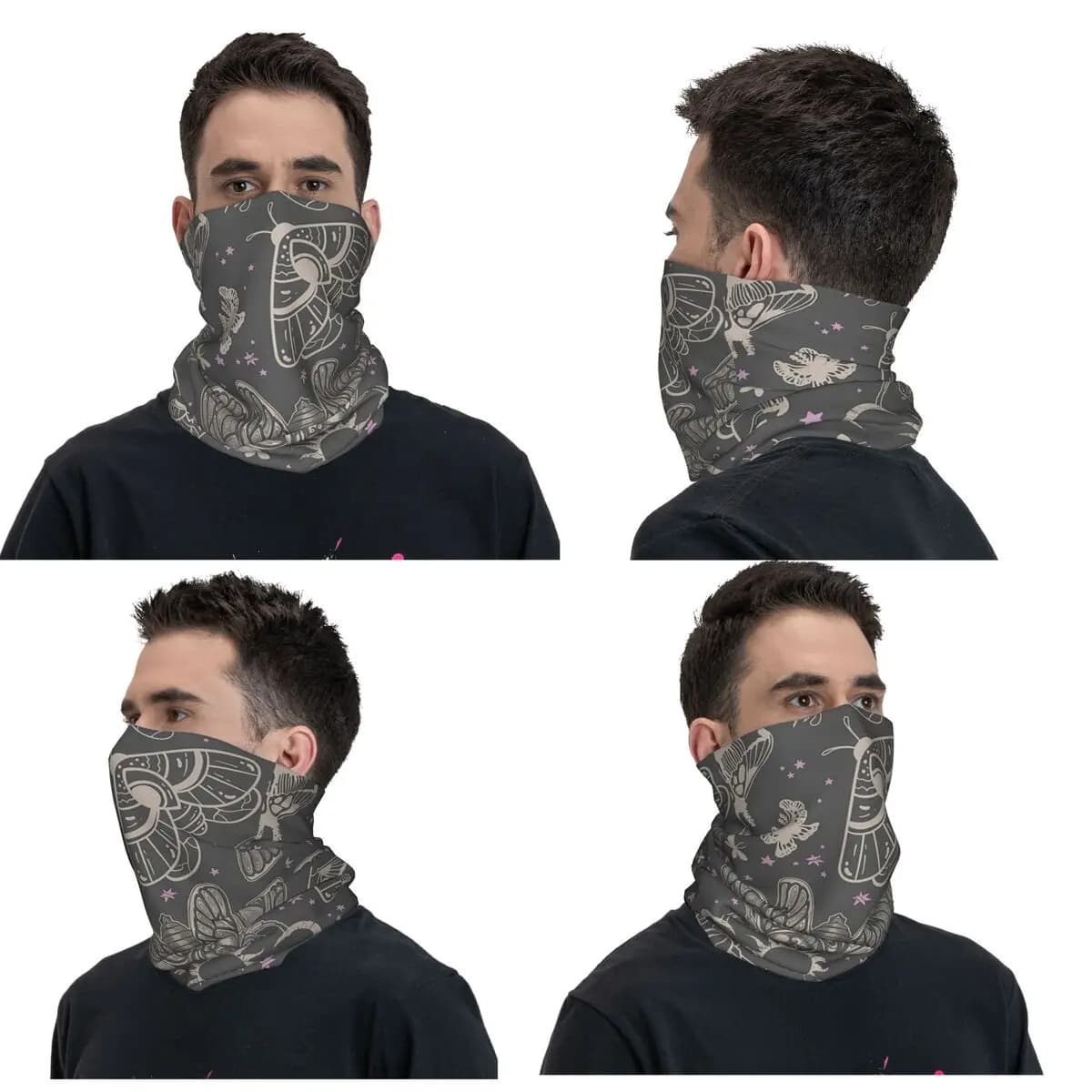 Bandana con motivo esoterico cicada e falena, motivo celeste, sole e luna, sciarpa stampata, calda maschera per il viso, per uomo e donna