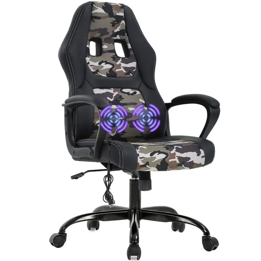 Sedia da Gaming Ergonomica, Sedia da Ufficio in Pelle PU Girevole con Funzione Massaggio, Supporto Lombare Regolabile e Poggiatesta Camo