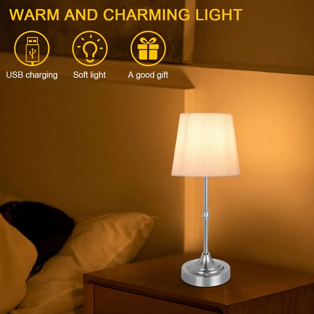 Cordless LED Metal Table Lamp USB Rechargeable Touch Control Night Light Metal Base Small Table Lamp for Dining Room Bedroom Bar