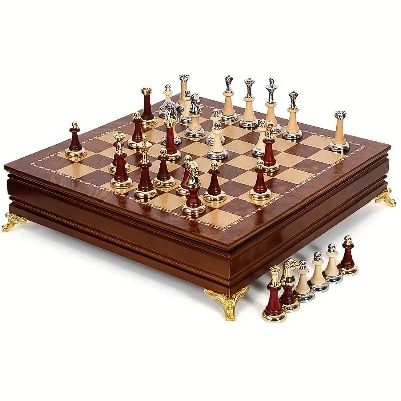 Set di scacchi da tavolo di alta gamma in legno da 38 cm/15 pollici con cassetto portaoggetti, grande scacchiera e 2 regine extra in metallo e legno.