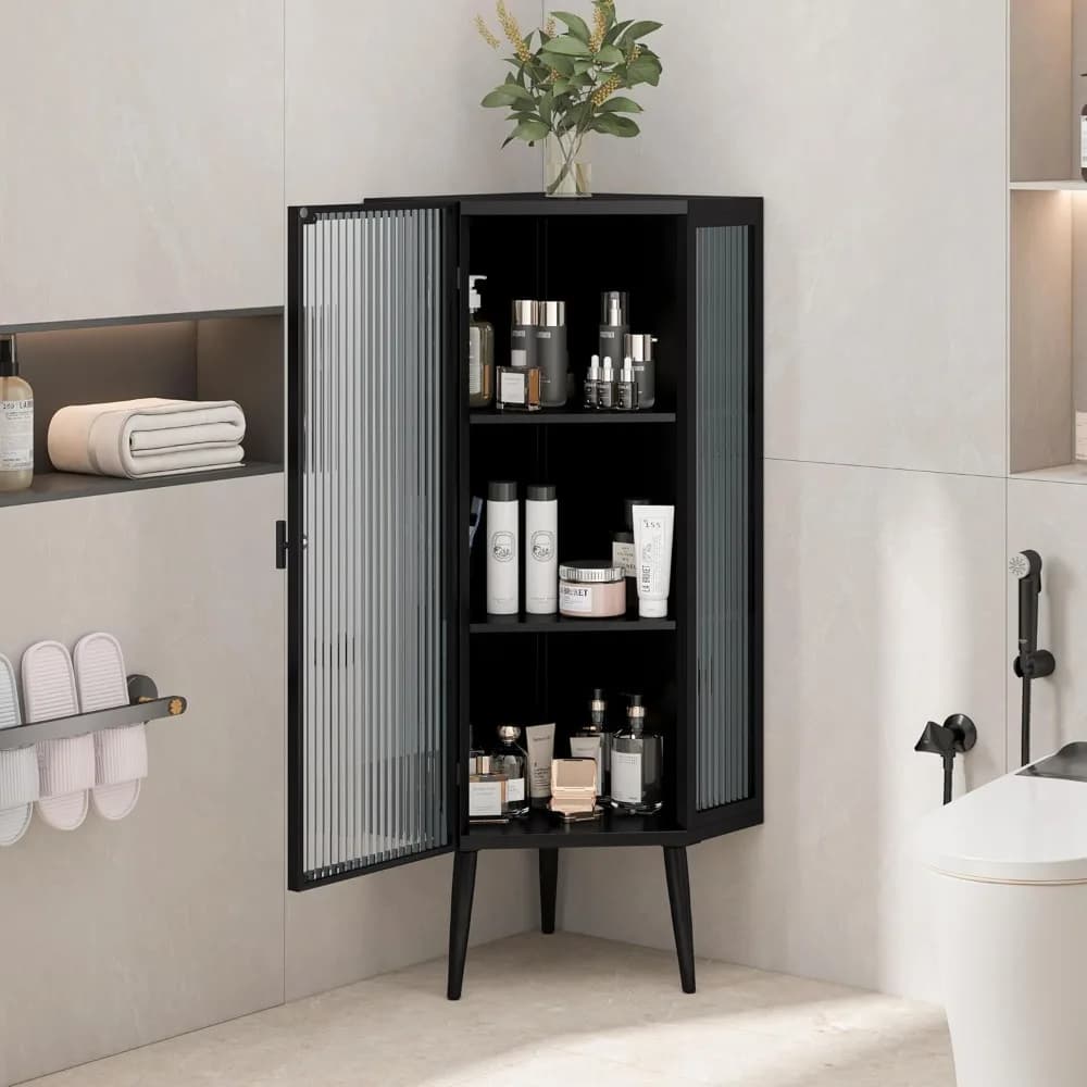 Mobiletto angolare da bagno, mobiletto portaoggetti da pavimento scanalato con ante e ripiano in vetro temperato, organizer per armadietto stretto indipendente