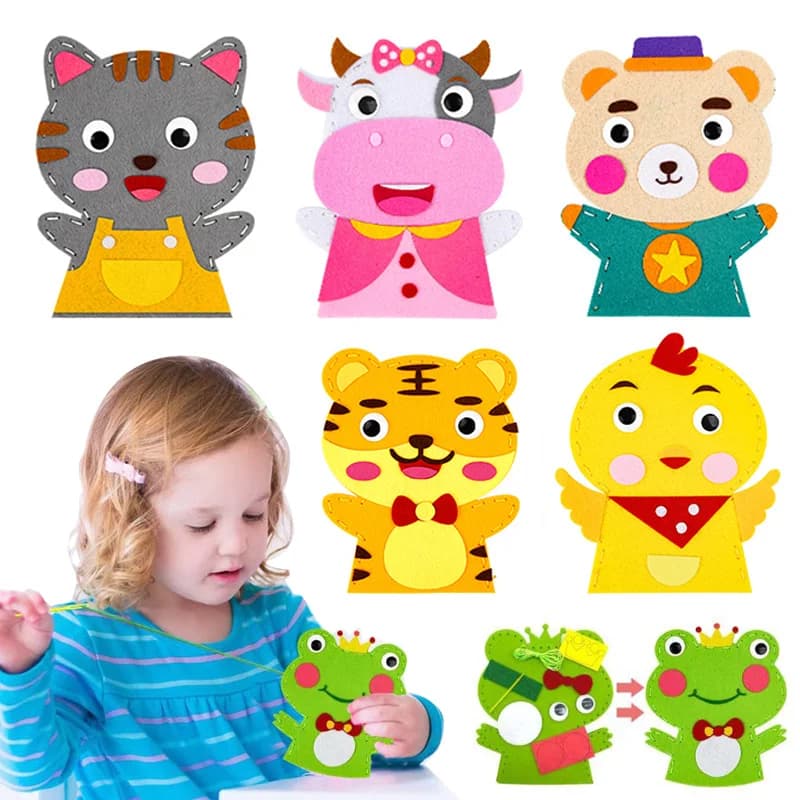 Simpatico cartone animato animale burattino a mano per bambini fai da te arte artigianale giocattoli abilità motoria fine allenamento cucito allacciatura gioco di ruolo a mano kit fatti a mano