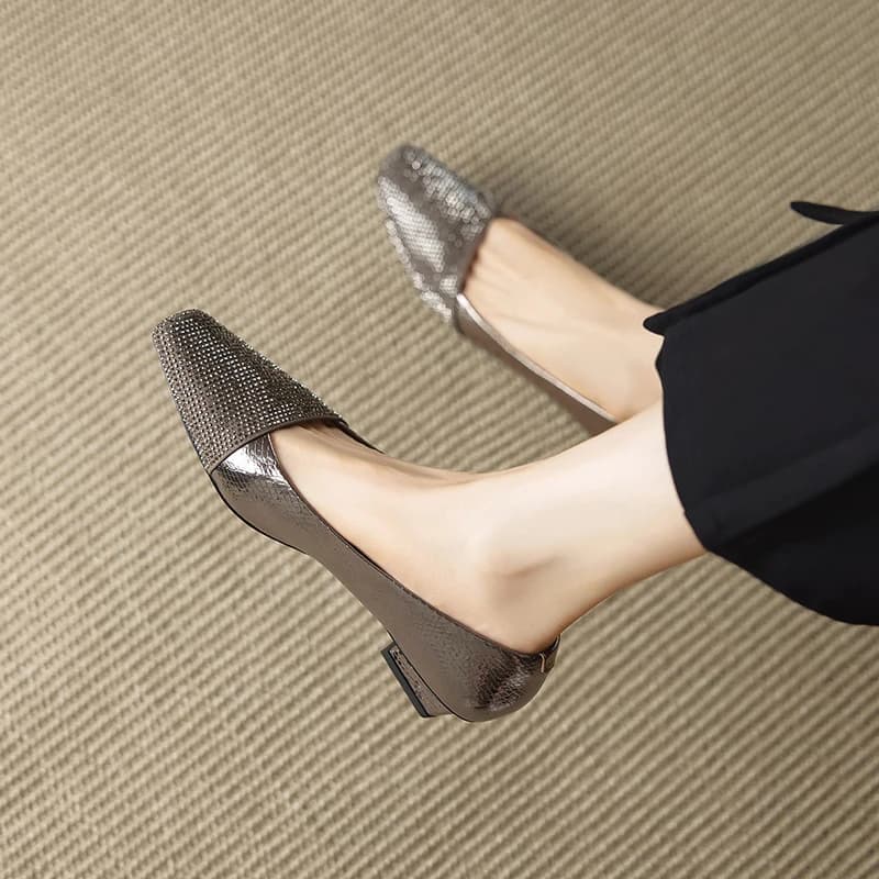 2026 new spring autumn women pumps natural leather plus size 22-25cm cowhide+sheepskin+pigskin square toe glitter women shoes