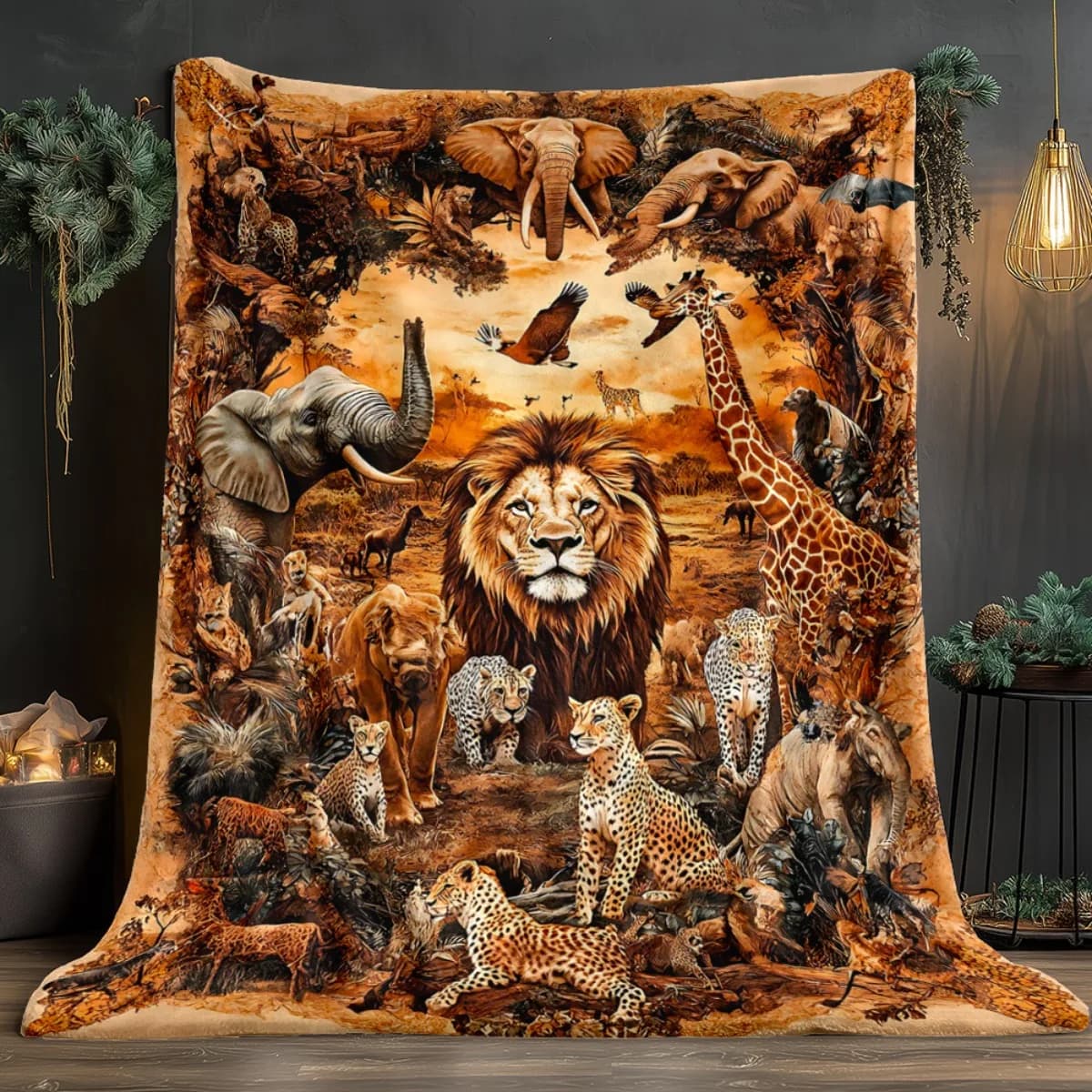 Coperta in flanella con animali in contesto africano, stampa digitale leggera per divano, viaggi, campeggio, ufficio, letto