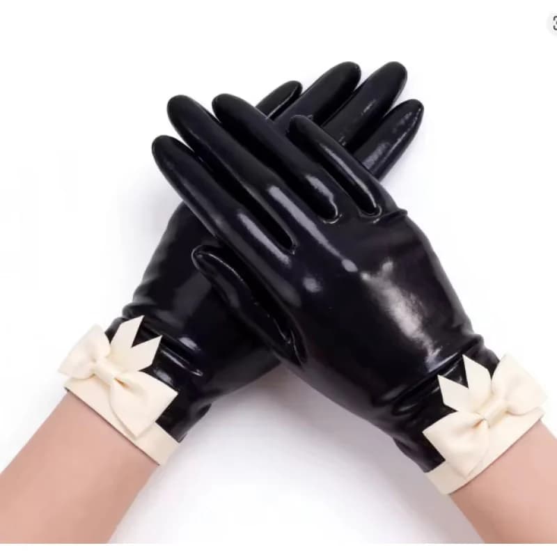 Black gloves white bow rubber latex shorts gloves