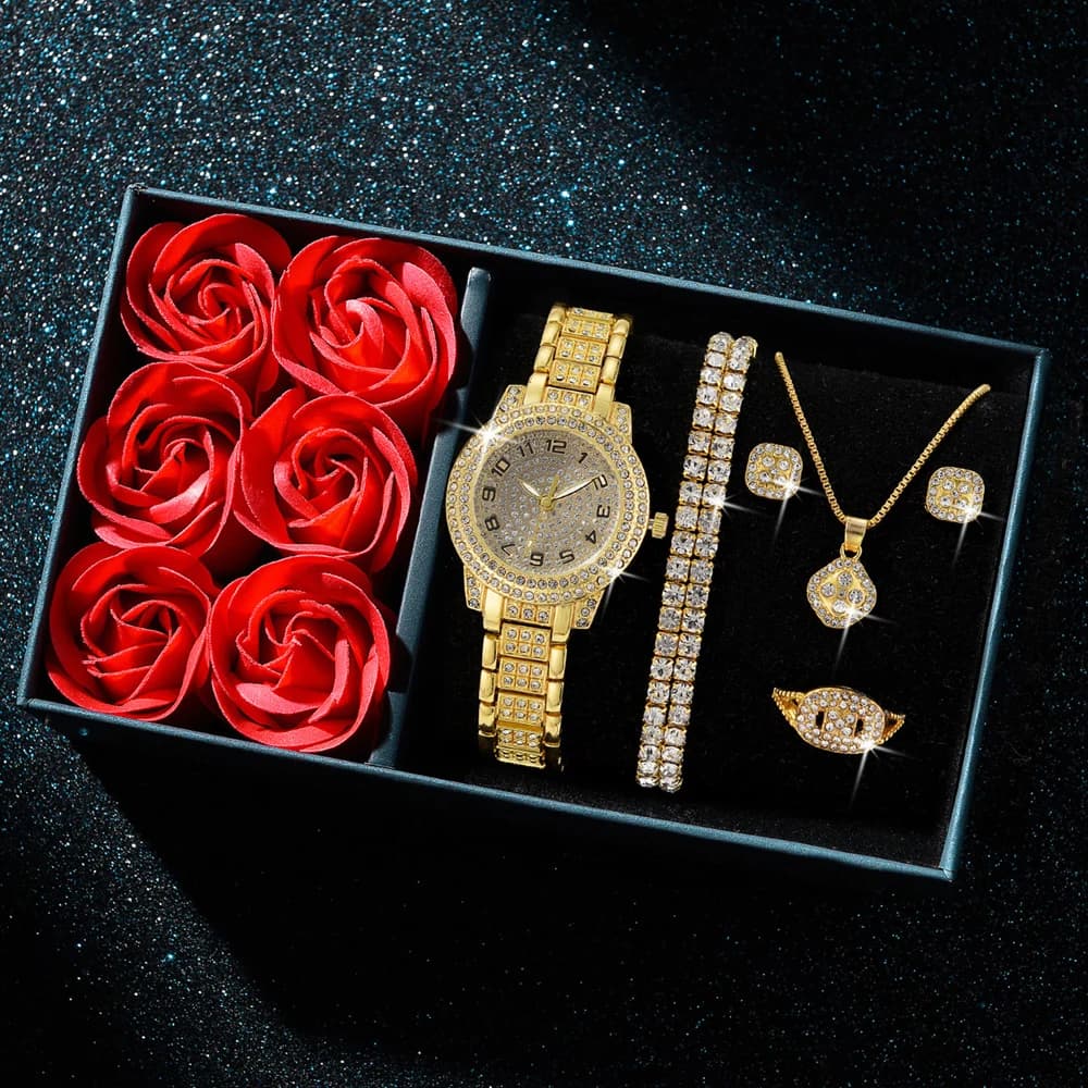 6 Piece Fashion Luxury Women's Watch Necklace Earrings Ring Set for Women's Rhinestone Wrist Watch Bracelet Valentine's Day Gift Set