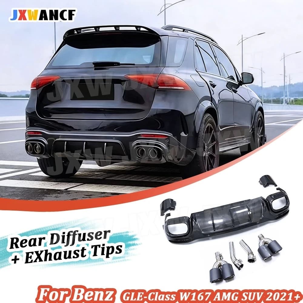 JXWANCF Protezione diffusore labbro posteriore in fibra di carbonio + punte di scarico FRP per Benz Classe GLE W167 GLE63 AMG SUV 2021+ Auto