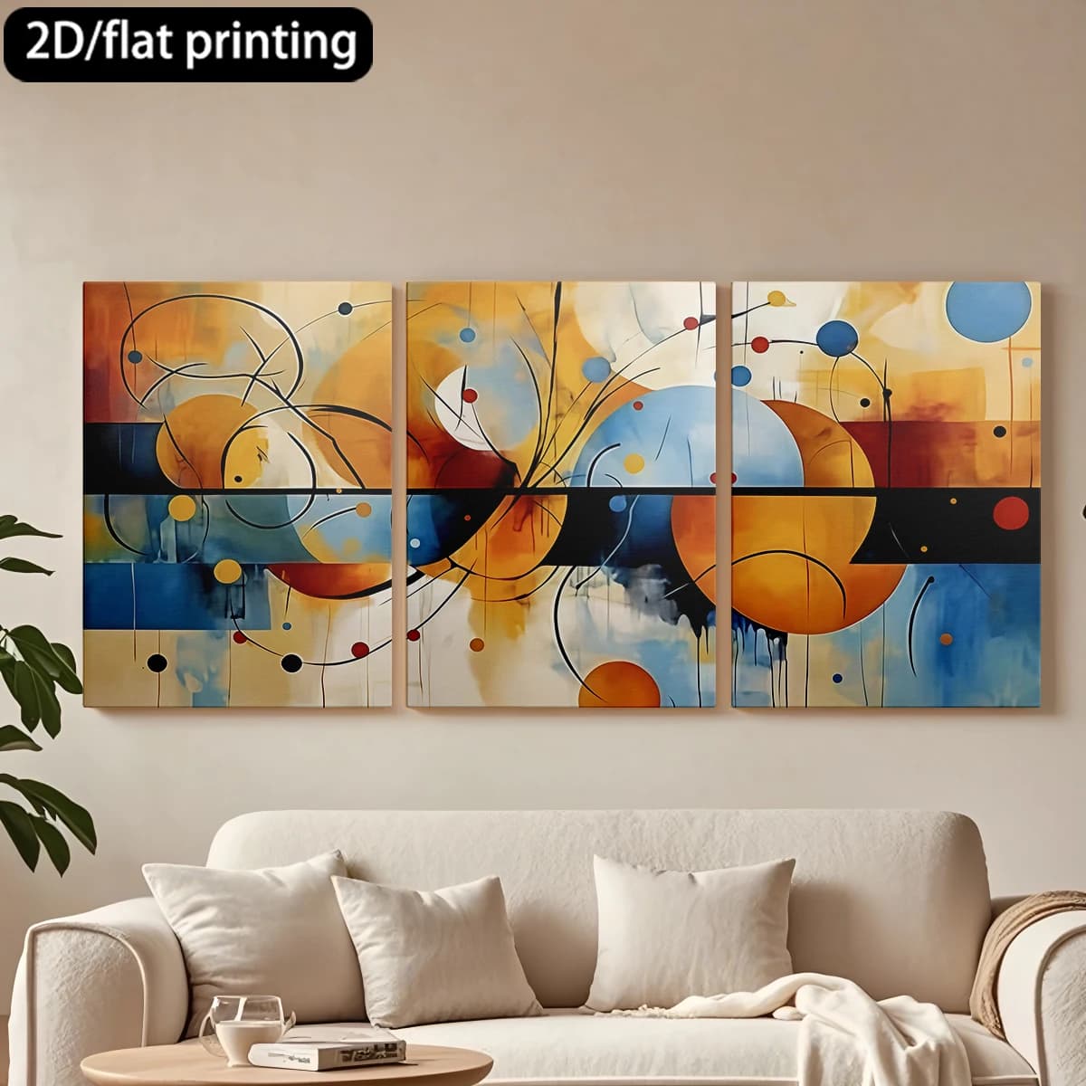 Set of 3 Squares on Frame with Wooden Frame, Abstract Art, Dynamic Circles, Expressive Traits. Decoration for Corridor and Living Room