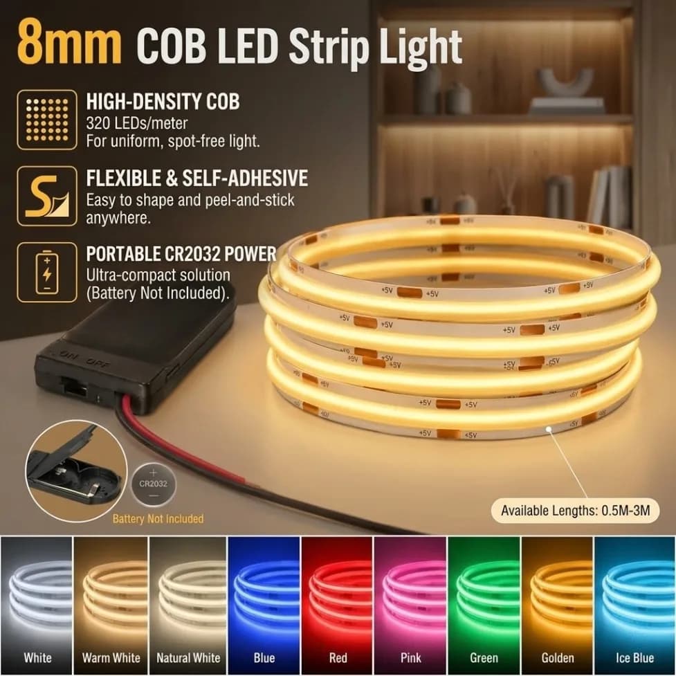 DC5V 8mm PCB COB LED Strip 320LEDs/M CR2032 Button Battery Case 0.5-3M Warm/Neutral/White light Flexible Tape for DIY Home Decor