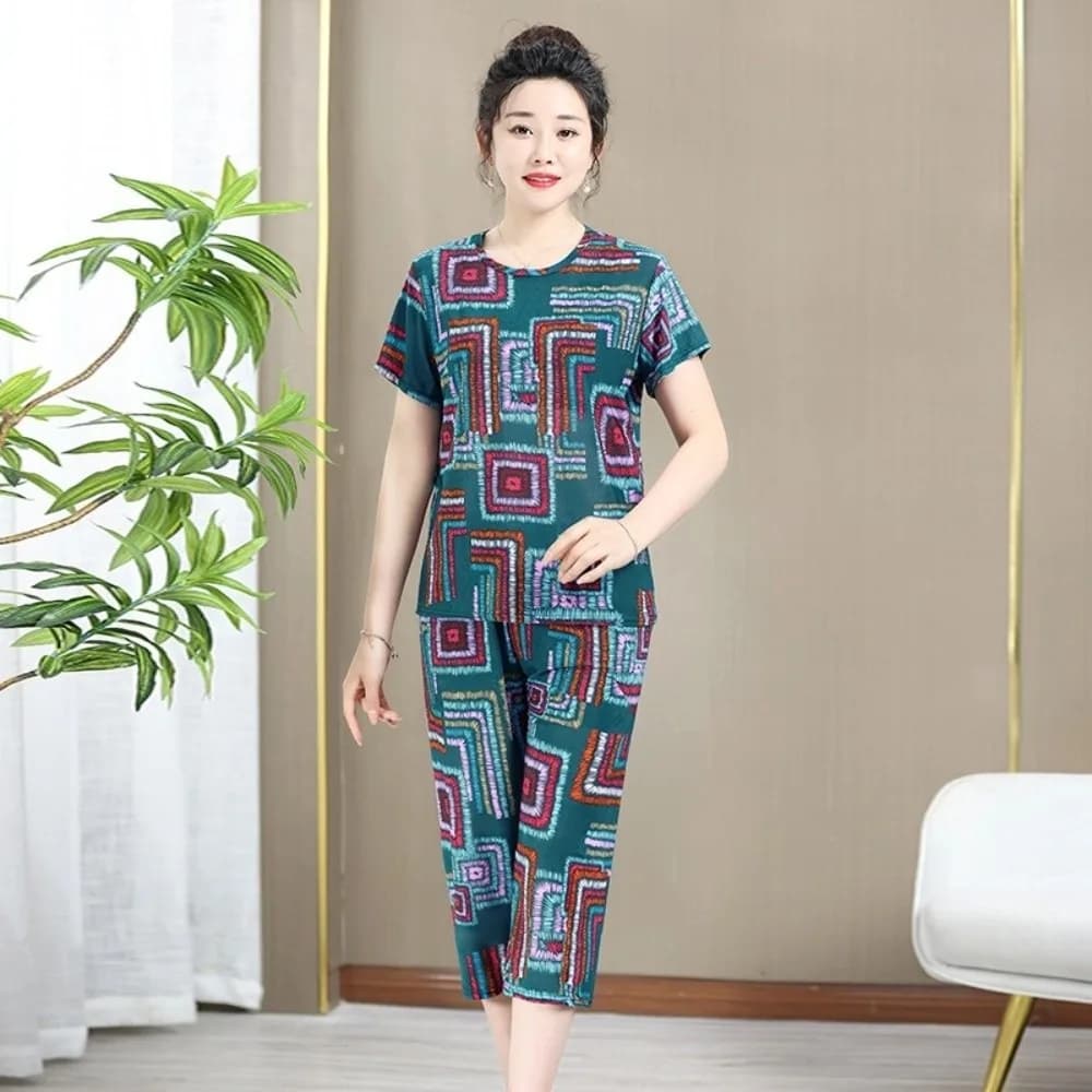 Set di Abbigliamento Plus Size per Anziani, Completo T-shirt a Righe a Maniche Corte, Casual, Comodo, Estivo, Pigiama per la Mamma, Abbigliamento da Casa