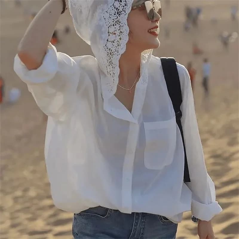 Camicia Coreana da Donna alla Moda con Protezione Solare Traforata, Blusa Estiva con Cappuccio, Camicia Sottile a Maniche Lunghe con Protezione Solare per Primavera
