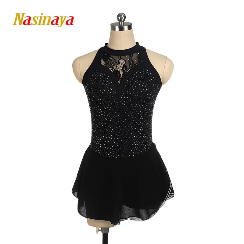Abito da Pattinaggio Artistico Senza Maniche in Pizzo Nero per Ragazze, Gonna Lucida per Pattinaggio su Ghiaccio, Costume Personalizzato per Competizioni di Ginnastica per Bambini