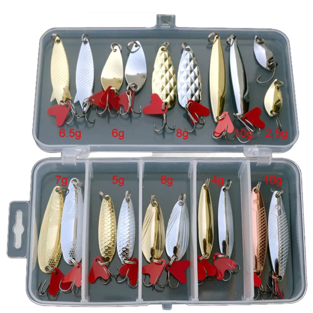 Kit di 20 Esche Metalliche Rotanti con Paillettes Riflettenti e Scatola Porta Attrezzi per la Pesca di Bass, Trota, in Acqua Dolce e Salata 2026