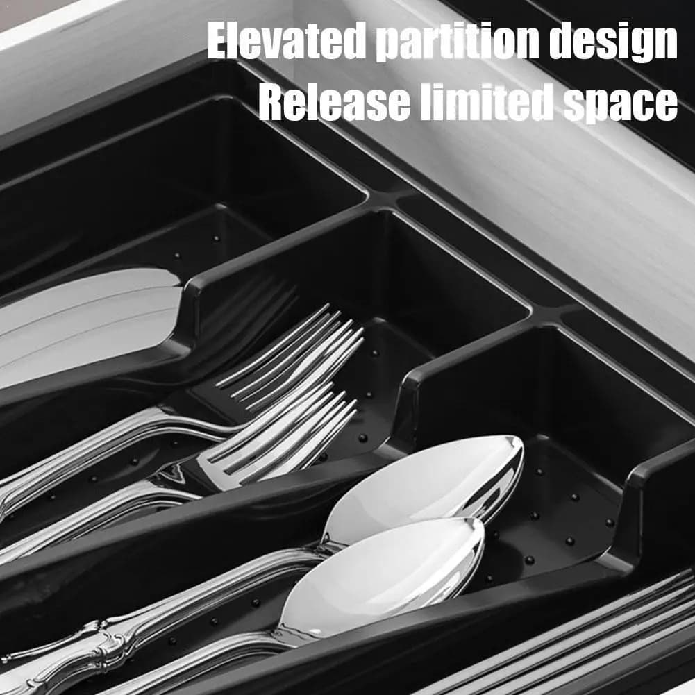 Trendy organizer with lid, plastic container for cutlery and utensils, tool tray with covered compartments for kitchen drawer