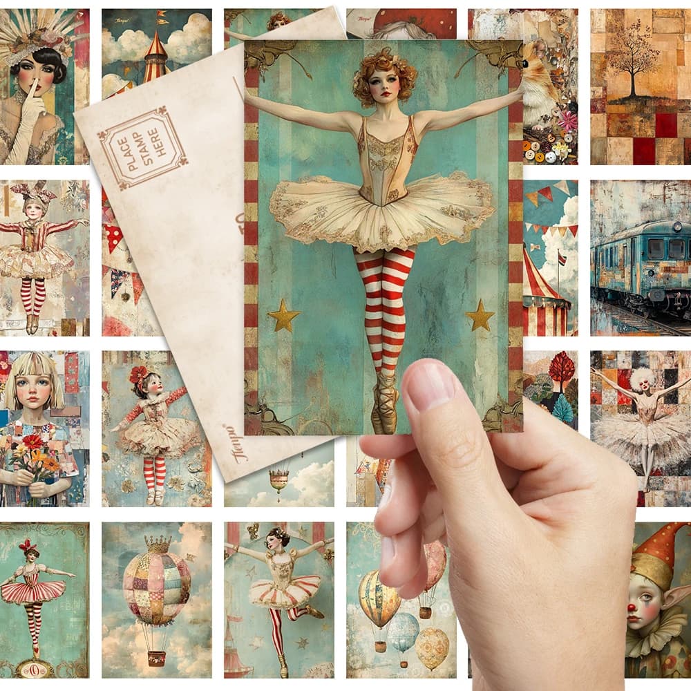 32 cartoline vintage del circo fantasy, stile illustrazione del collage, arredamento per la camera da letto interna, adesivi murali, biglietti d'auguri, commemorbilia