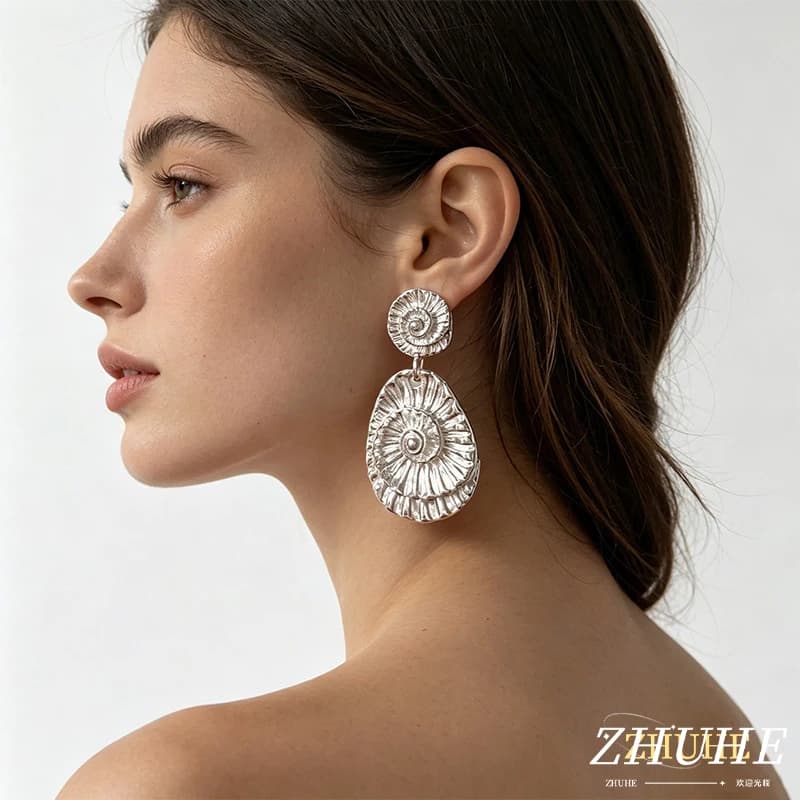Irregular Twin Spiral Shell Dangle Earrings Copper Alloy Jewelry Accessories, Relief Ocean Fossil Ear Jewelry For Female Male, M