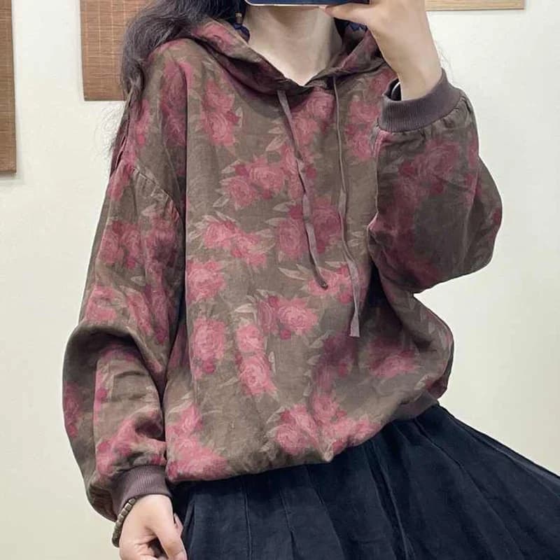 Fashion Printed loose Casual Lace Up blouses with hood women clothing 2023 autumn winter oversize Korean top commuting shirts