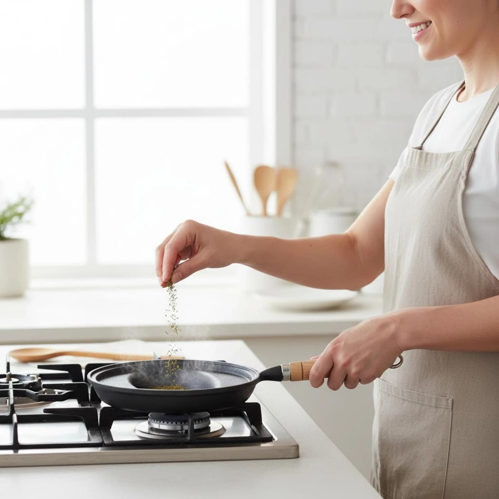 Padella in ghisa per omelette, non rivestita, con superficie scura e anello per appendere, per piano cottura