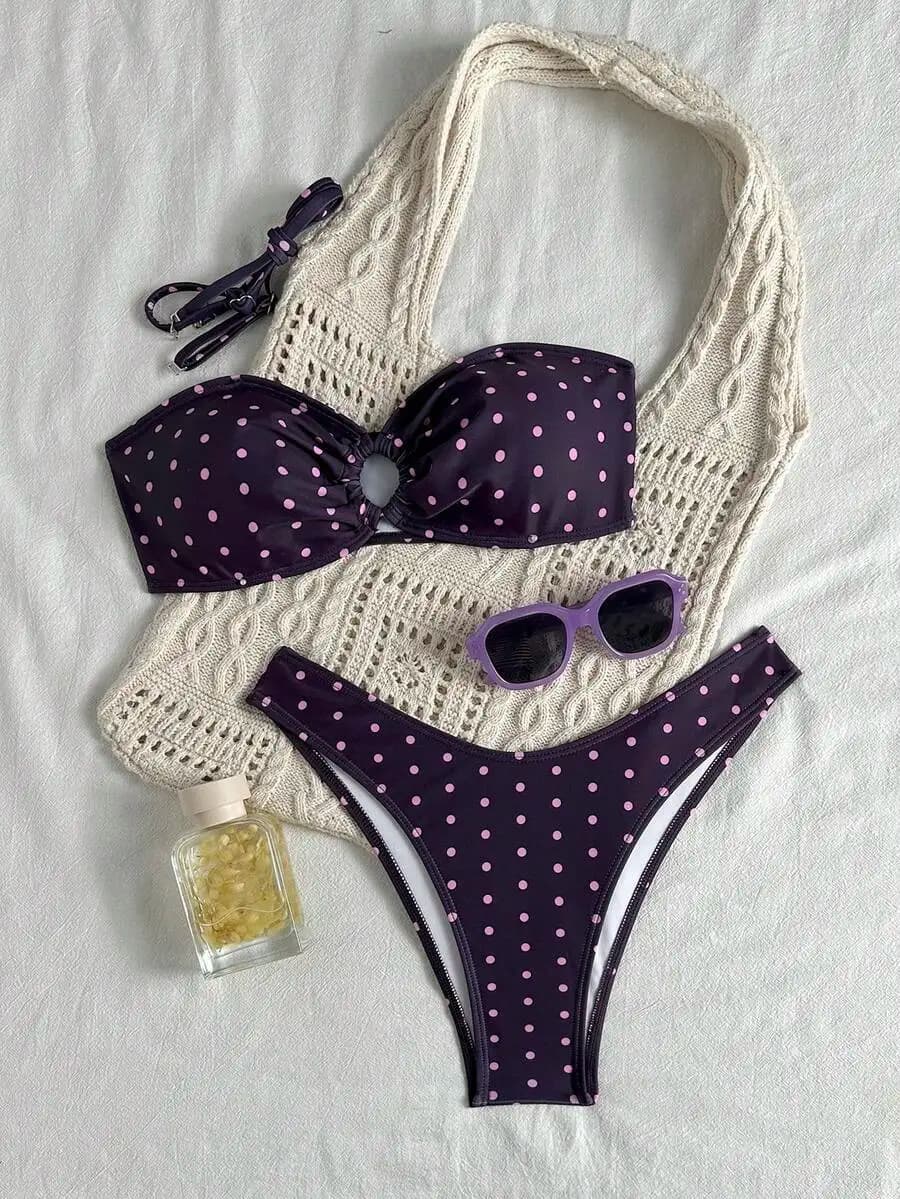 Set bikini a due pezzi viola scuro con pois rosa chiaro, senza spalline, con nodo frontale, per donna, costume da bagno estivo a taglio alto per la spiaggia