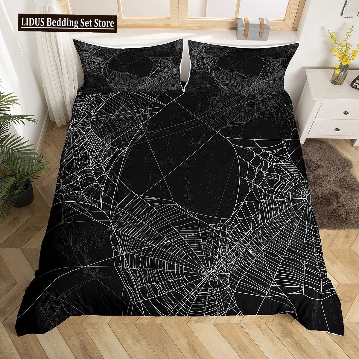 Set Copripiumino Ragnatela Halloween, Set Biancheria da Letto Ragno per Ragazzi e Ragazze, Copripiumino Bianco e Nero, Set Copripiumino Trick or Treat