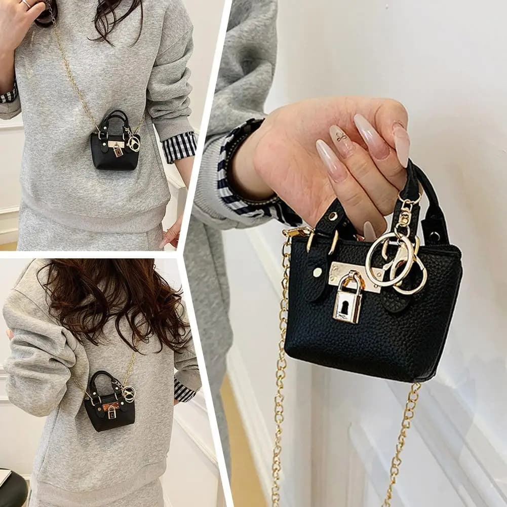 Portachiavi a Forma di Mini Borsetta Carina, Design con Lucchetto alla Moda, Ciondolo Borsa a Tracolla Piccola con Catena per Donne