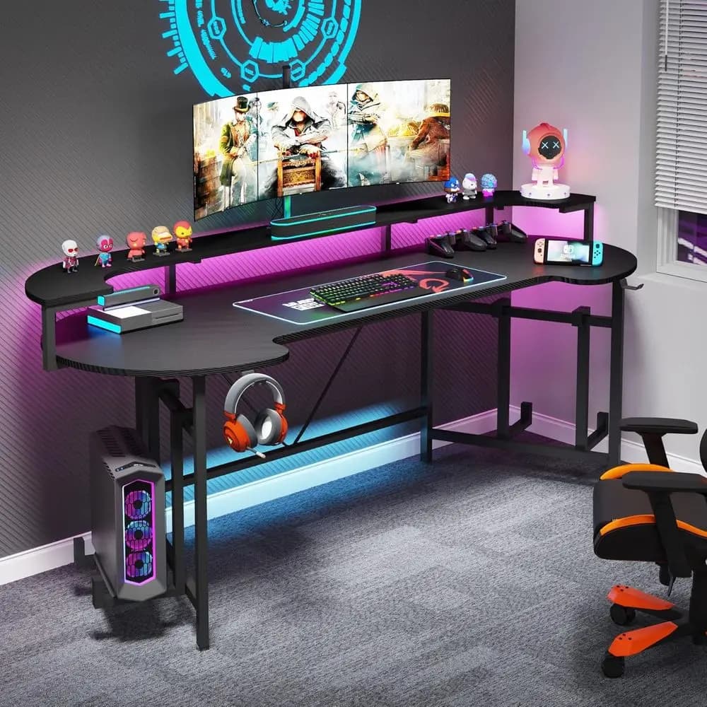 Scrivania da Gaming con Illuminazione LED 70+ Pollici e Ripiano per Monitor, Ampia Postazione PC per Giocatori, Ufficio Domestico, Nera