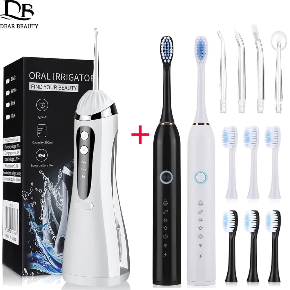 Irrigatore Orale Portatile + Spazzolino Elettrico Ricaricabile, Set per Pulizia e Sbiancamento dei Denti con Getto d'Acqua, Kit per Cura Orale