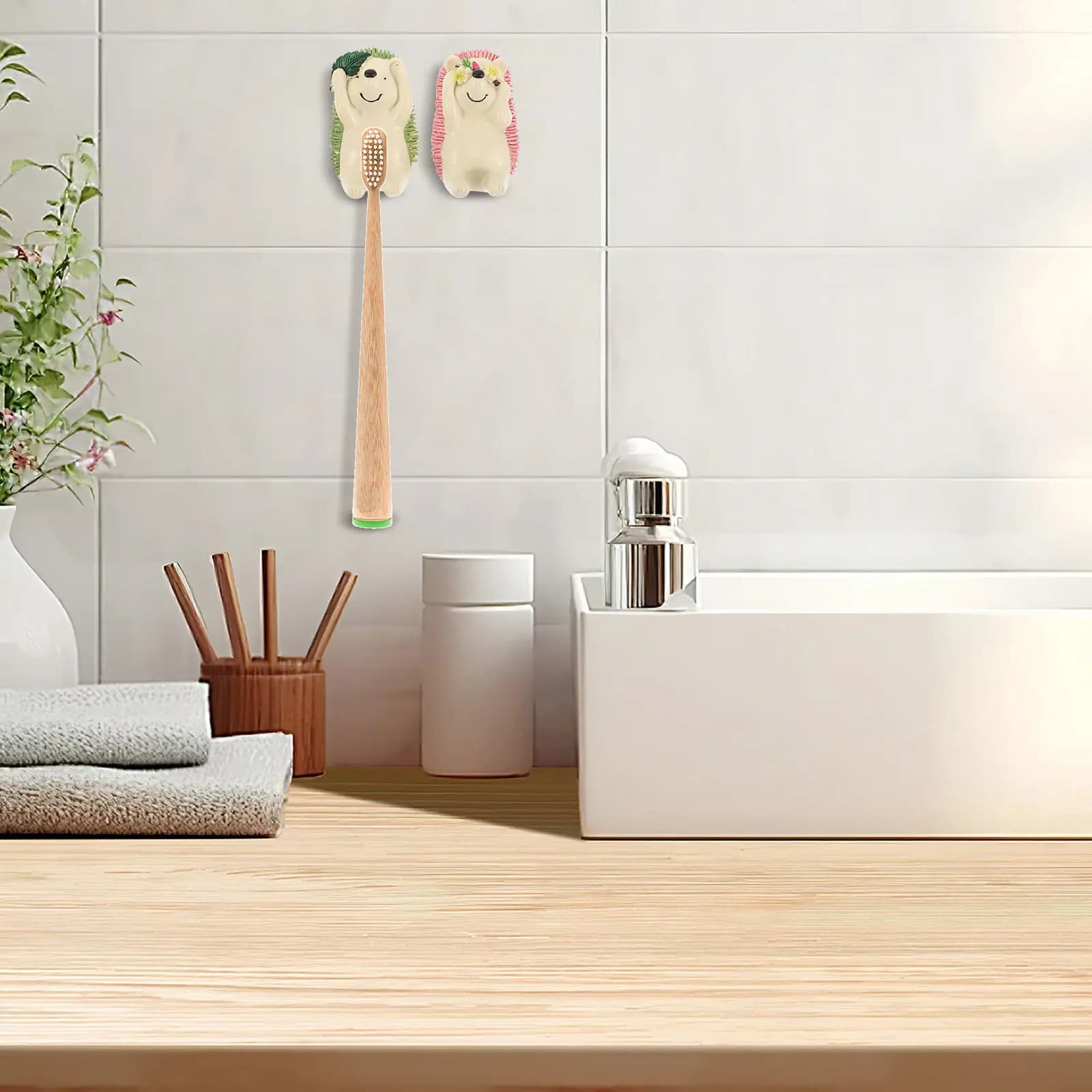 2Pcs Toothbrush Holder Wall Mounted Hedgehog Shape Adhesive Bathroom Organizer for Couples Space Efficient Cute Toothbrush Rack