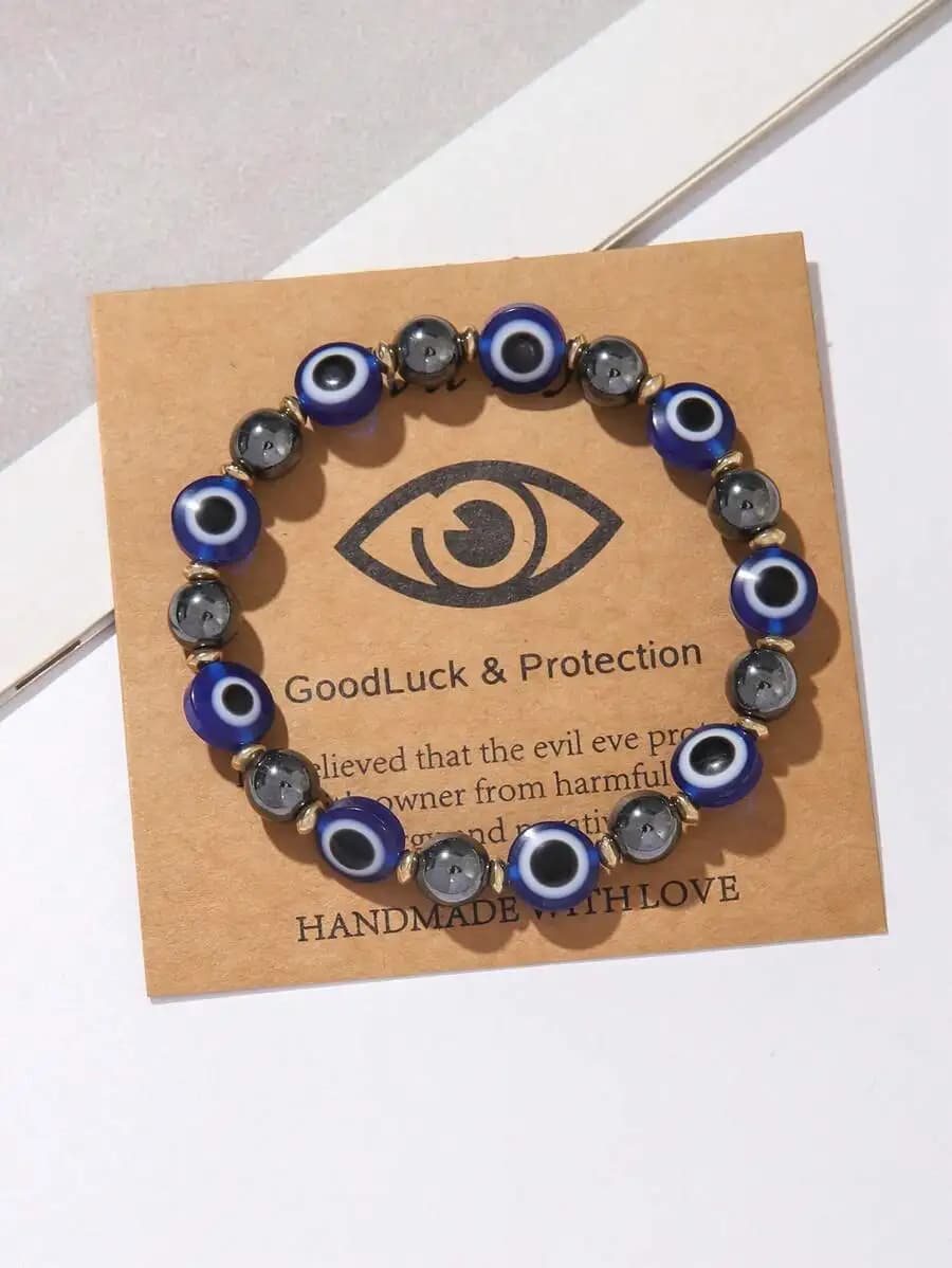 Bracciale elastico con perline Evil Eye in ossidiana e acrilico per donna