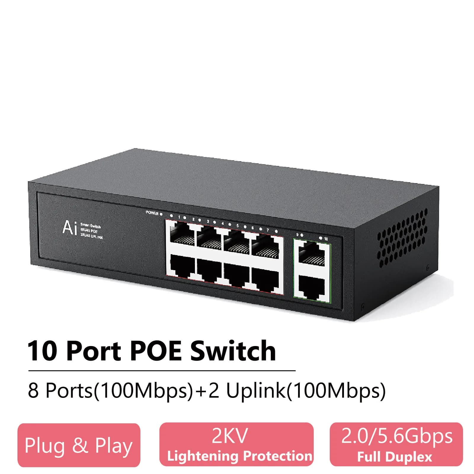 Switch POE Ienron 6/10 ports Ethernet Switch 100Mbps Network Switch POE iee802.3af/at Ethernet for IP Camera Router Wifi