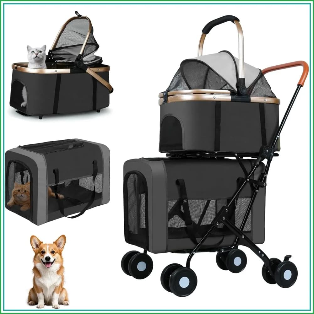 Double Pet Stroller for Dogs & Cats: Foldable Travel Carriage with Detachable Carriers, Safety Belts, 4 Lockable Wheels for Small to Medium Pets, Multi-Pet Home