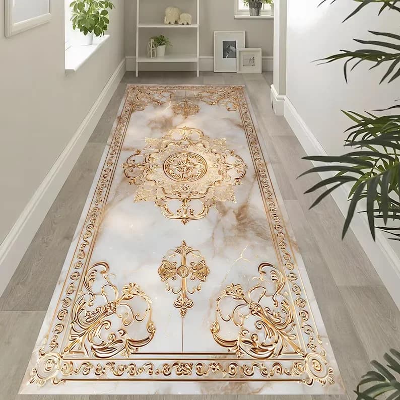 Tappeto da runner con motivo in marmo dorato di lusso Tappeto da corridoio elegante per tappeti classici per la decorazione della casa