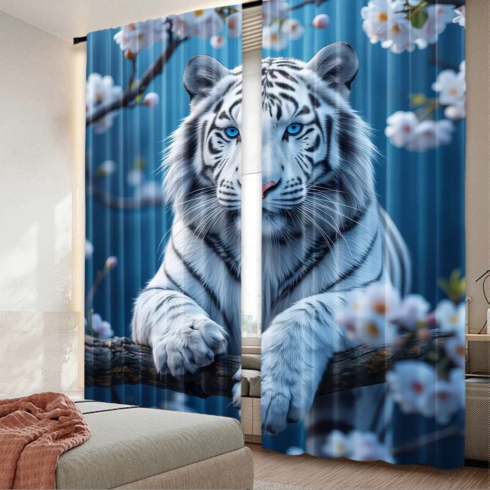 2D flat printing 2pcs Curtain Party Curtain Blue-Eyed Tiger Blossom Digital Printed Polyester Drapes Festive Wall Decor for