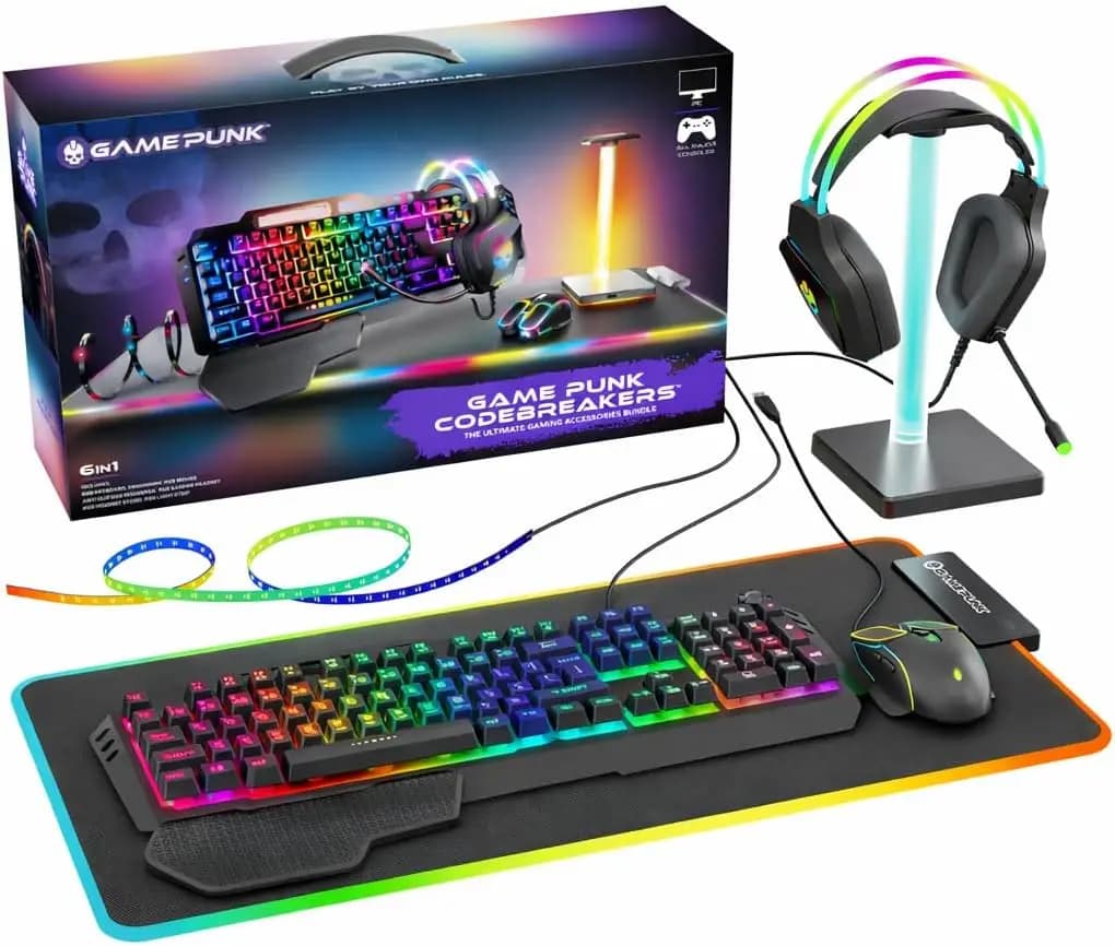 Pacchetto Gaming RGB da 6 Pezzi: Tastiera Meccanica, Mouse, Cuffie, Tappetino per Mouse, Supporto e Striscia Luminosa