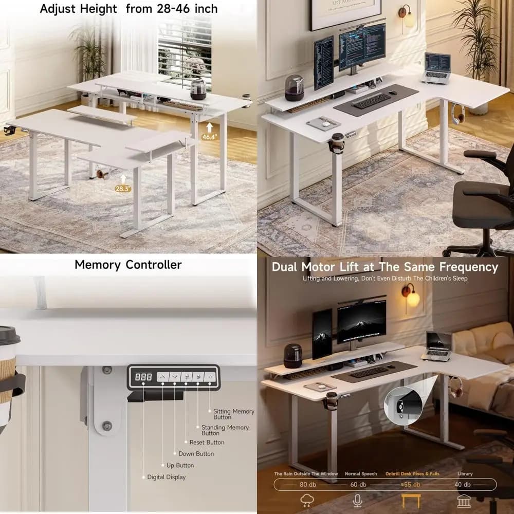 Scrivania Elettrica a L Bianca 63x43'' con 2 Ripiani per Monitor, Doppio Motore, Controller di Memoria per Gaming/Ufficio Domestico