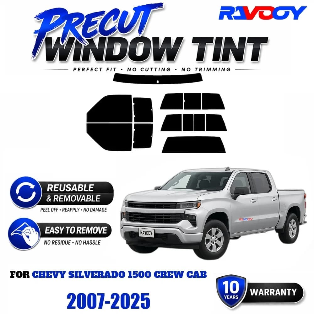 Precut Window Tint, Reusable Removable EPU Film, Custom Fit for Chevy Silverado 1500 Crew Cab 2007-2025, UV Heat Protection