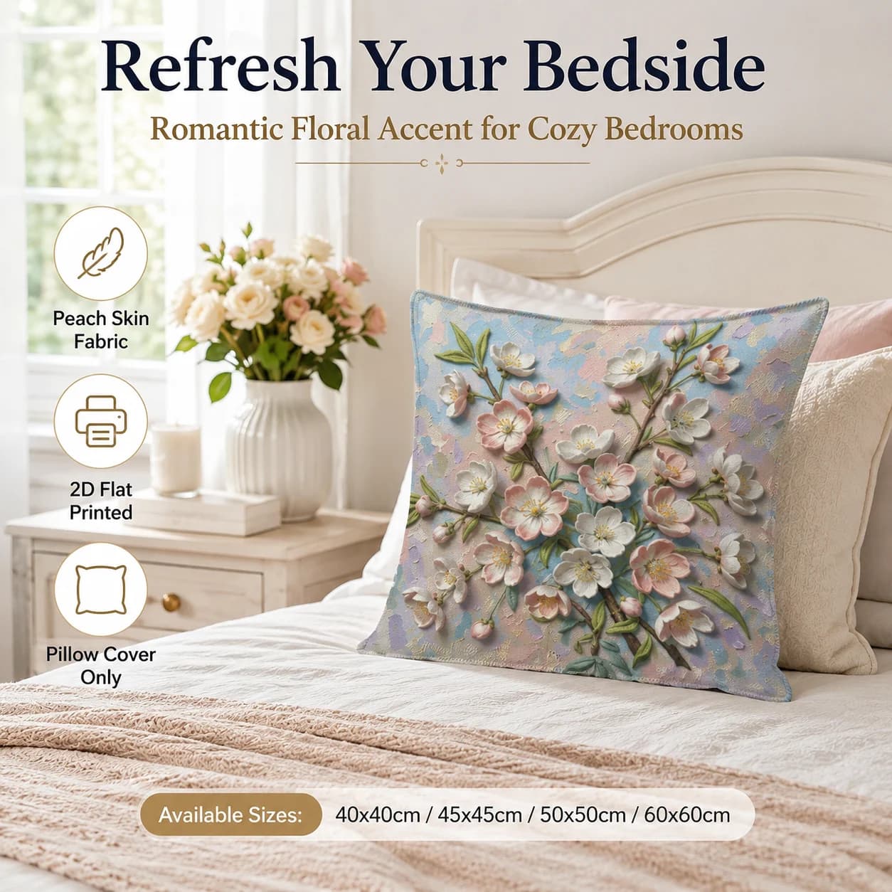 Flat Printed Peach Skin Floral Pillow Cover Pastel Peony Flower Pillowcase Spring Living Room Sofa Bed Decorative Cushion