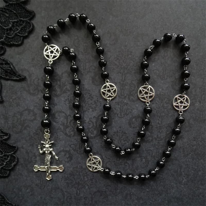 PERSONALIZABLE Black Rosary with Inverted Cross, Baphomet and Pentagram, Black Metal Jewelry, Necklace for Satanists