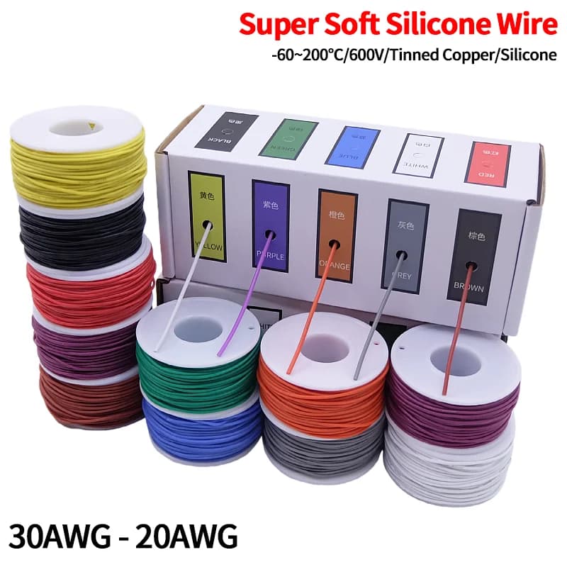 Scatola in filo di rame super morbido (kit di miscelazione di 5 colori) Cavo elettrico in rame stagnato flessibile resistente al calore 30/28/26/24/22/20AWG