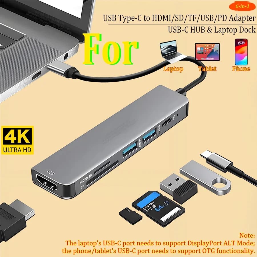 HUB USB-C 6 in 1 da tipo C a HDMI SD TF Adattatore USB PD Dock per laptop per MacBook Surface matebook magicbook notebook