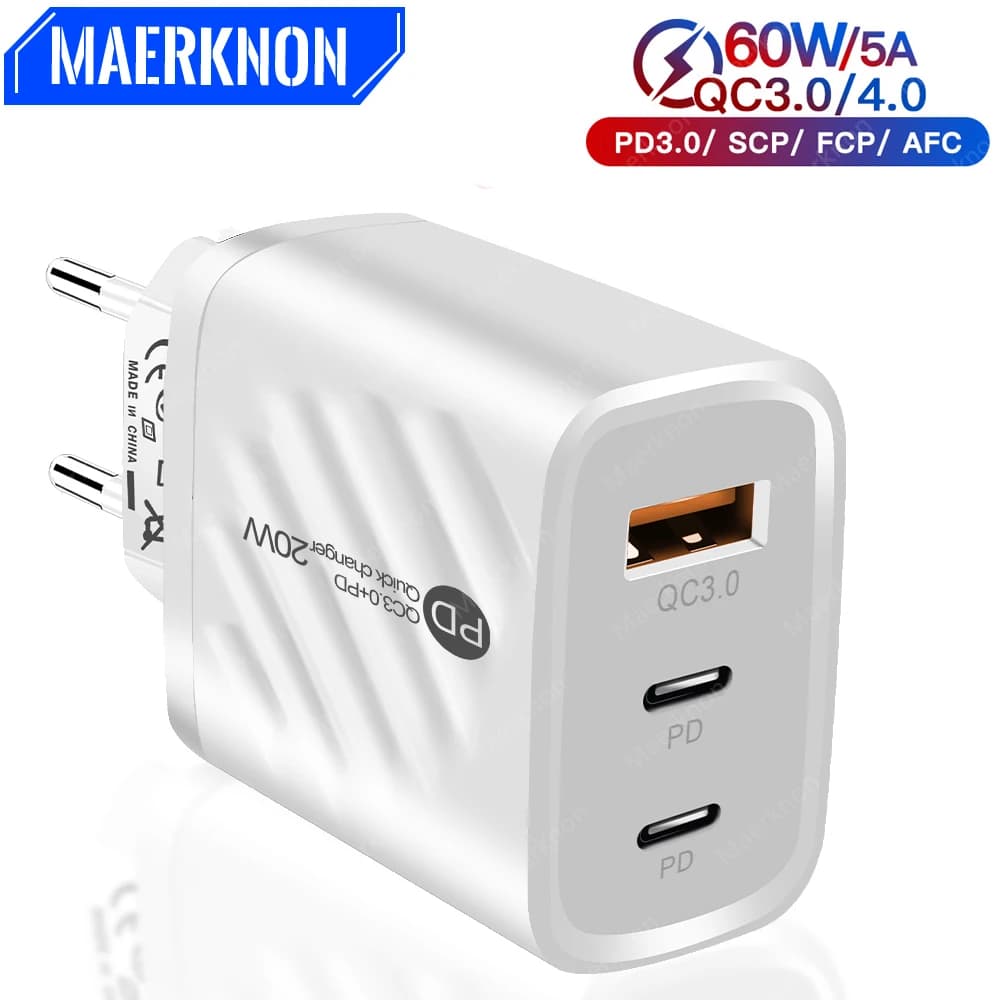 Caricabatterie USB C da 60W caricabatterie rapido PD per Iphone 14 13 Pro Xiaomi 12 caricabatterie per cellulare Samsung adattatore per caricabatterie USB QC3.0
