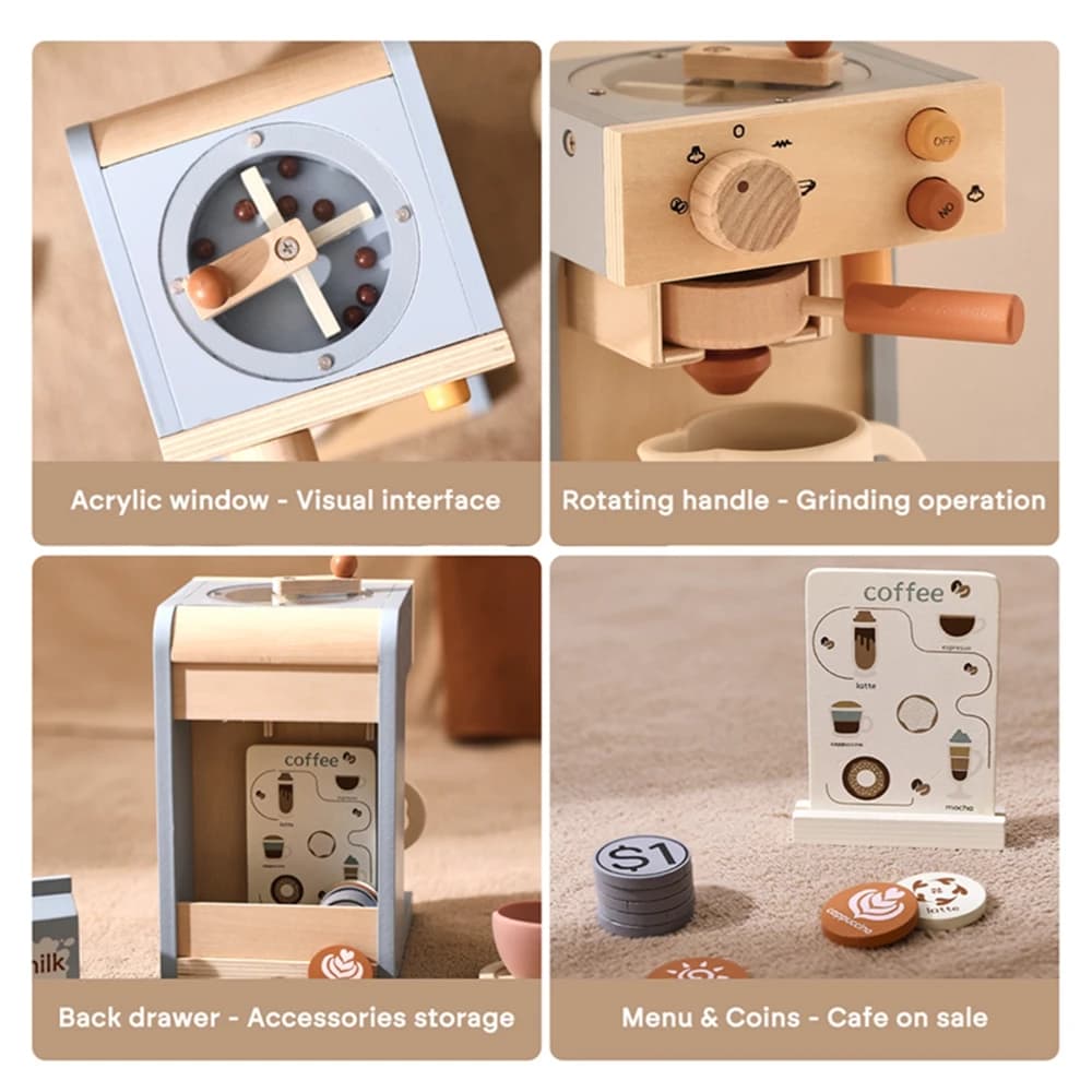 Boys Gifts Pretend Play Coffee Machine Cup Set Wooden Kitchen Toys Coffee Beans Grinding Play Set Learning Toys for Girls