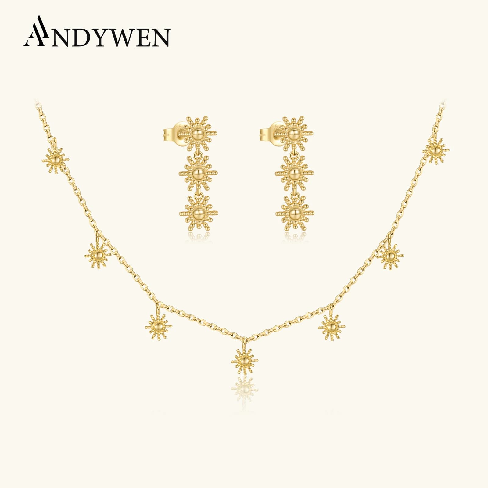 ANDYWEN 925 Sterling Silver Gold Sun Flower Orecchino a goccia Ciondolo Collana lunga Set di gioielli Matrimonio di lusso Belle donne regalo